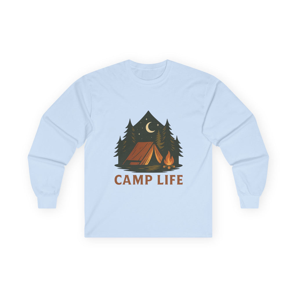 Camp Life Long Sleeve Tee — Retro Tent & Pine Trees Camping Shirt