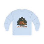 Camp Life Long Sleeve Tee — Retro Tent & Pine Trees Camping Shirt