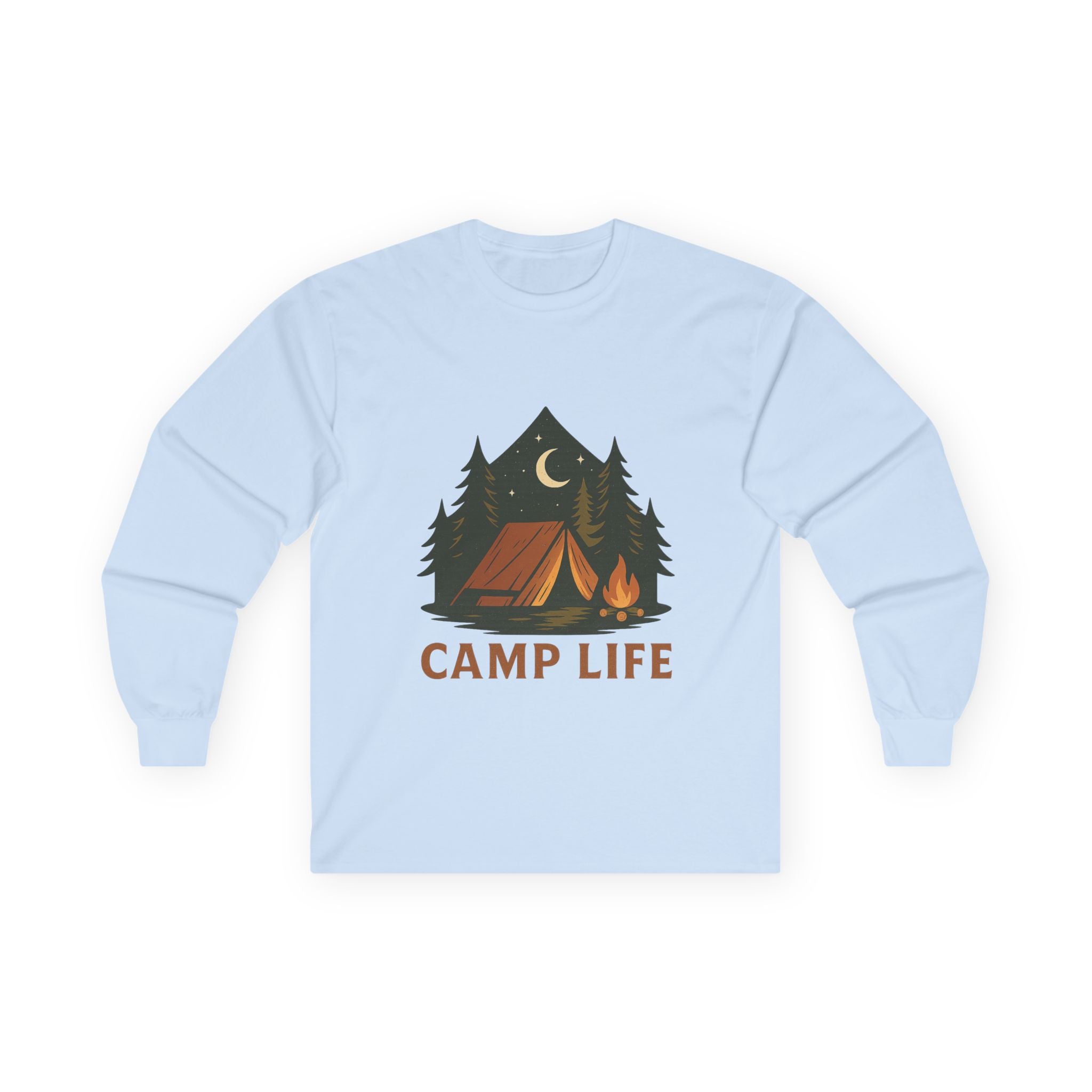 Camp Life Long Sleeve Tee — Retro Tent & Pine Trees Camping Shirt