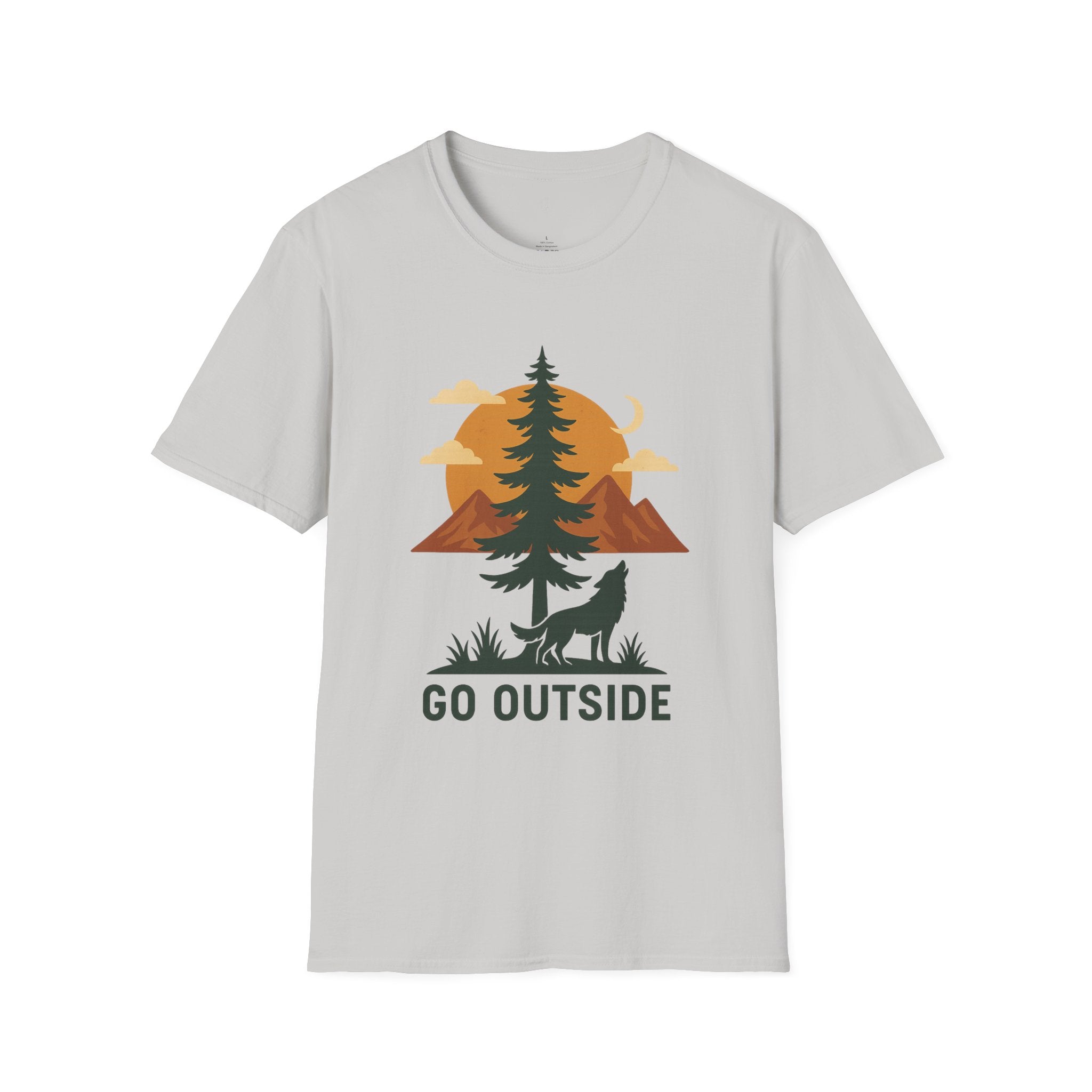 Go Outside T-Shirt — Outdoor Adventure Graphic Tee (Wolf, Mountains, Camping)