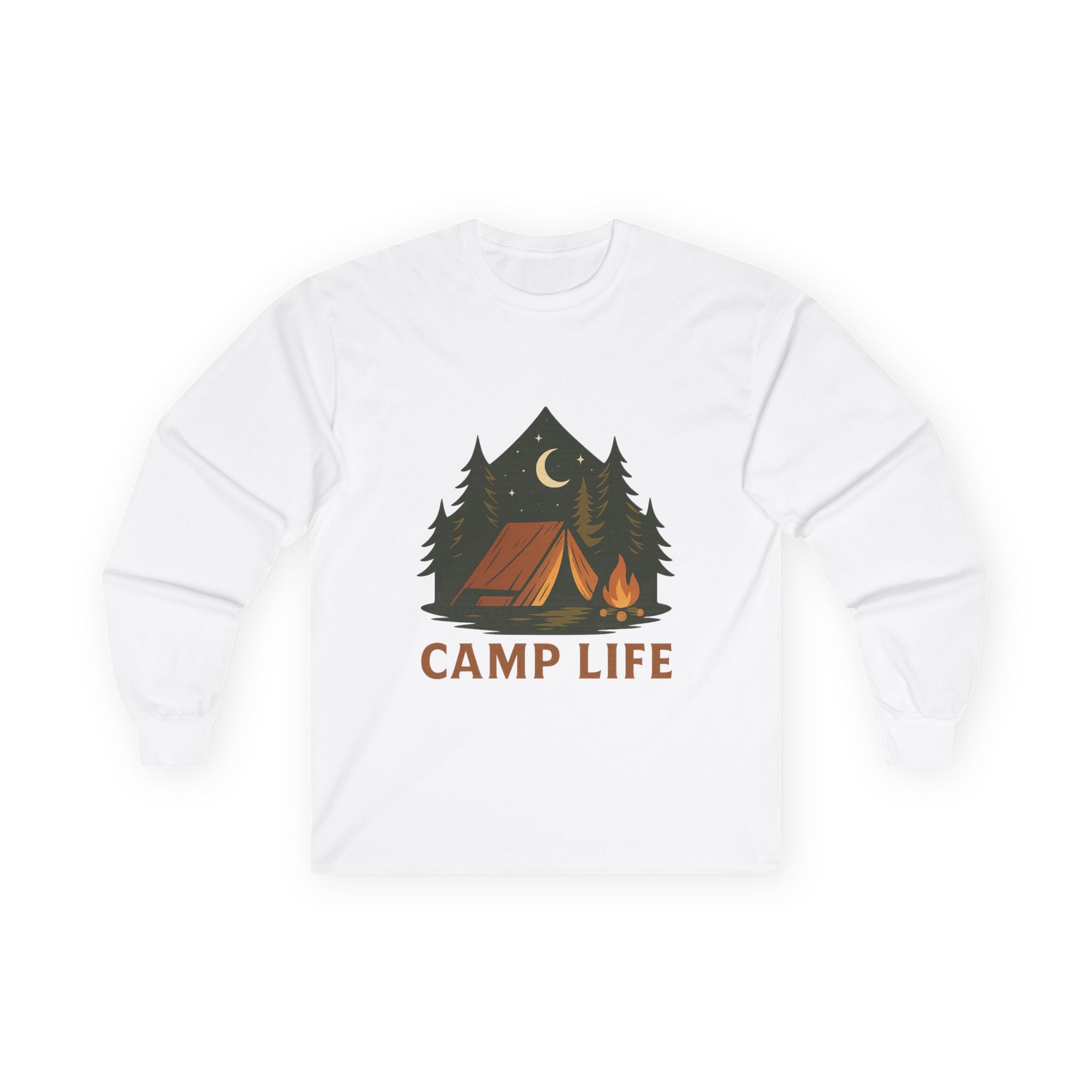 Camp Life Long Sleeve Tee — Retro Tent & Pine Trees Camping Shirt
