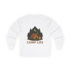 Camp Life Long Sleeve Tee — Retro Tent & Pine Trees Camping Shirt