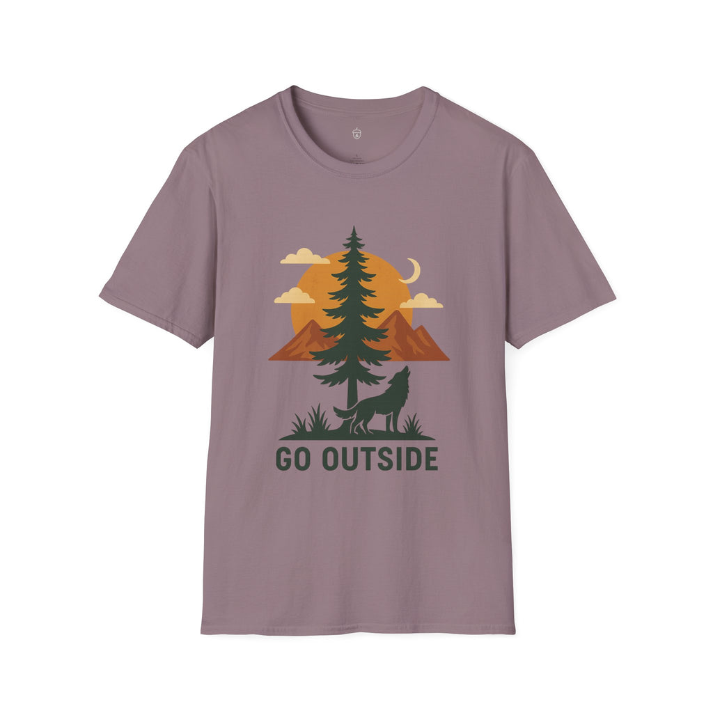 Go Outside T-Shirt — Outdoor Adventure Graphic Tee (Wolf, Mountains, Camping)