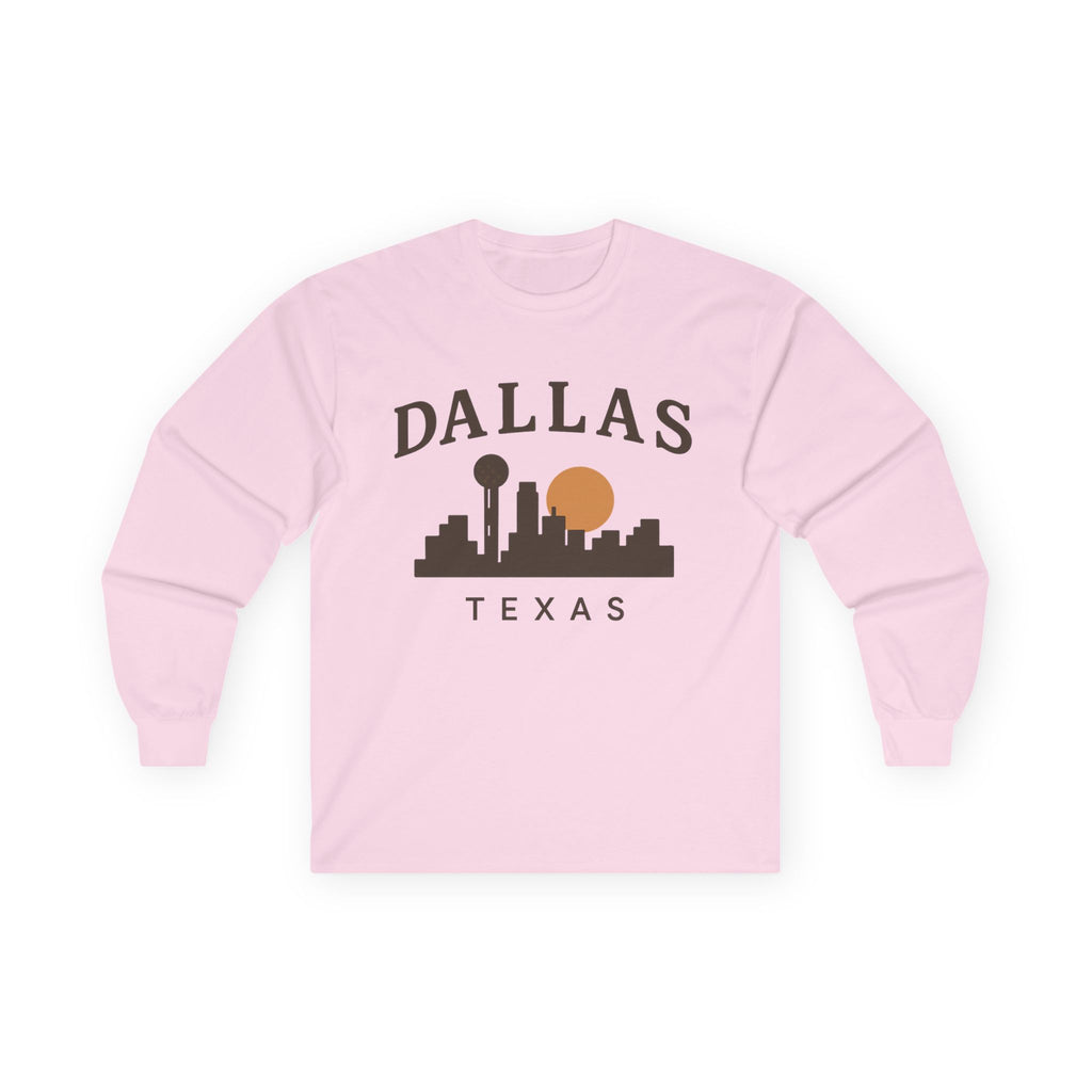 Dallas Texas Skyline Long Sleeve Tee — Retro Sunset City Shirt