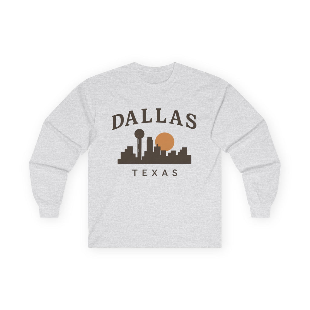 Dallas Texas Skyline Long Sleeve Tee — Retro Sunset City Shirt