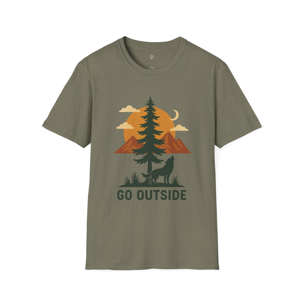 Go Outside T-Shirt — Outdoor Adventure Graphic Tee (Wolf, Mountains, Camping)