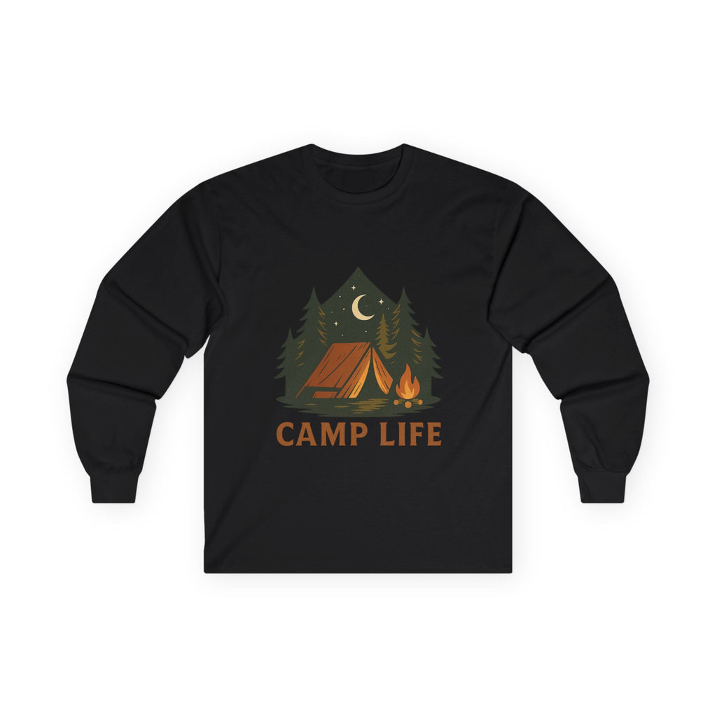 Camp Life Long Sleeve Tee — Retro Tent & Pine Trees Camping Shirt