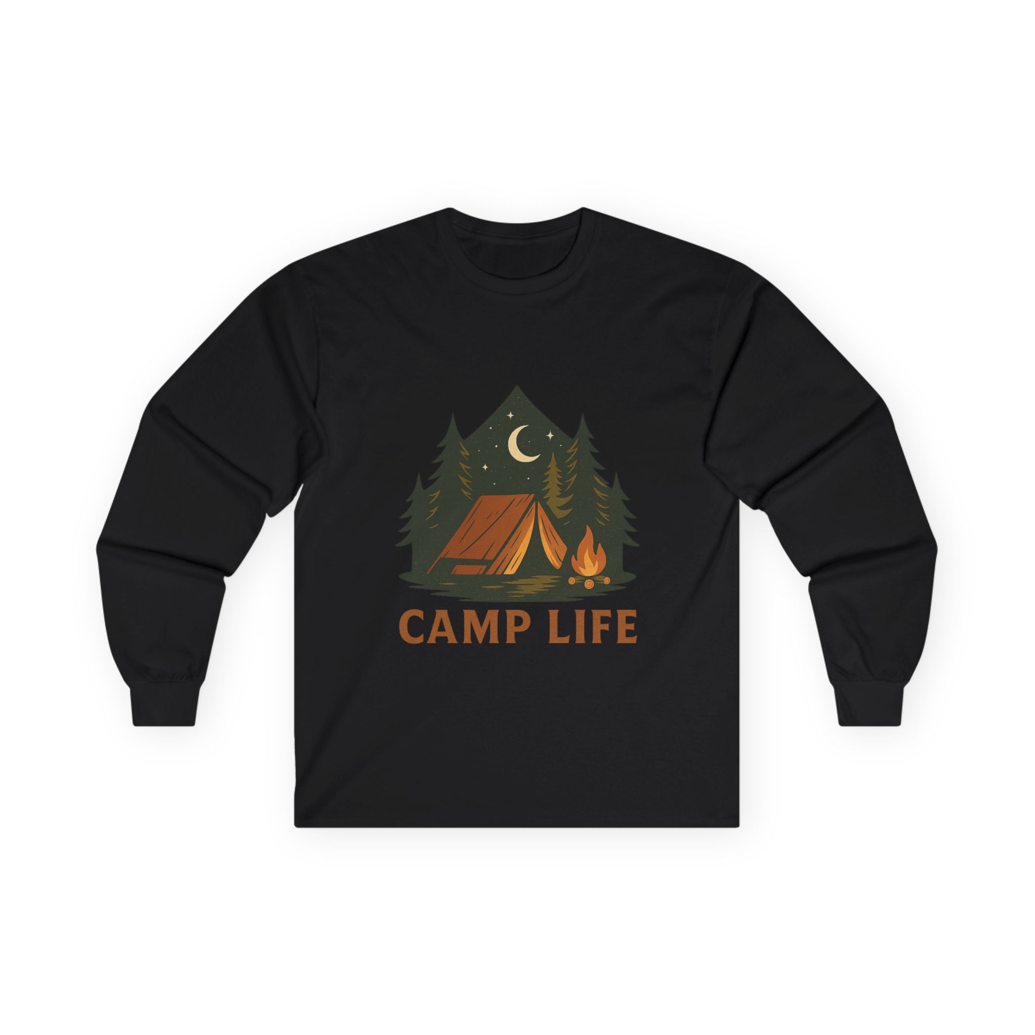 Camp Life Long Sleeve Tee — Retro Tent & Pine Trees Camping Shirt