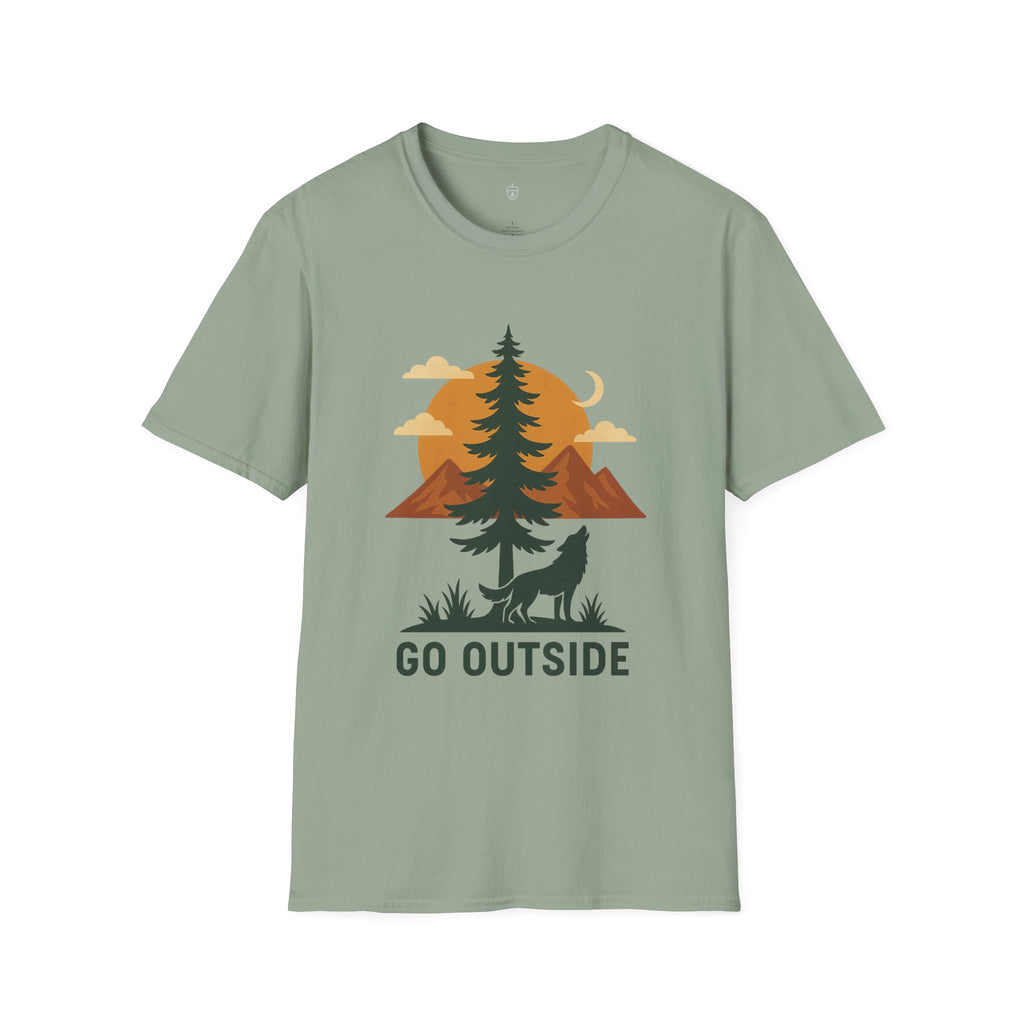 Go Outside T-Shirt — Outdoor Adventure Graphic Tee (Wolf, Mountains, Camping)