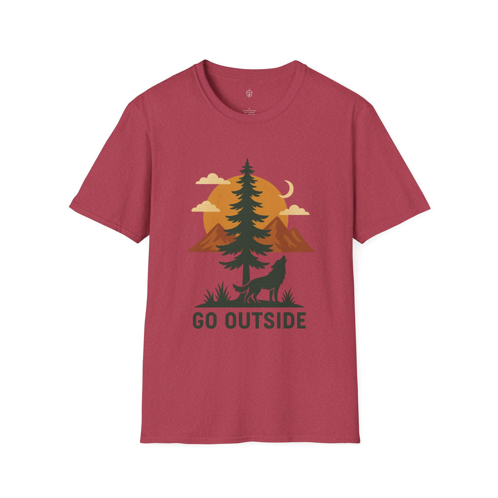 Go Outside T-Shirt — Outdoor Adventure Graphic Tee (Wolf, Mountains, Camping)