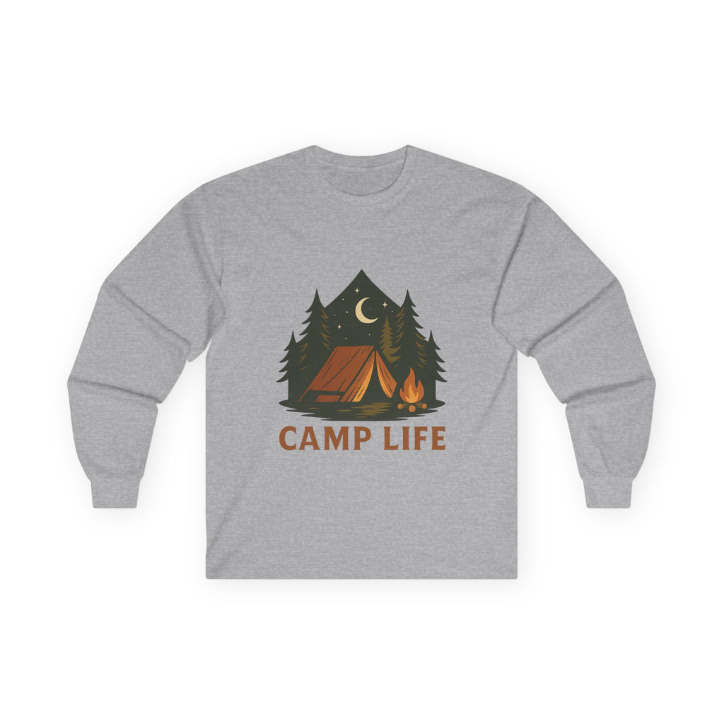 Camp Life Long Sleeve Tee — Retro Tent & Pine Trees Camping Shirt