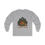Camp Life Long Sleeve Tee — Retro Tent & Pine Trees Camping Shirt