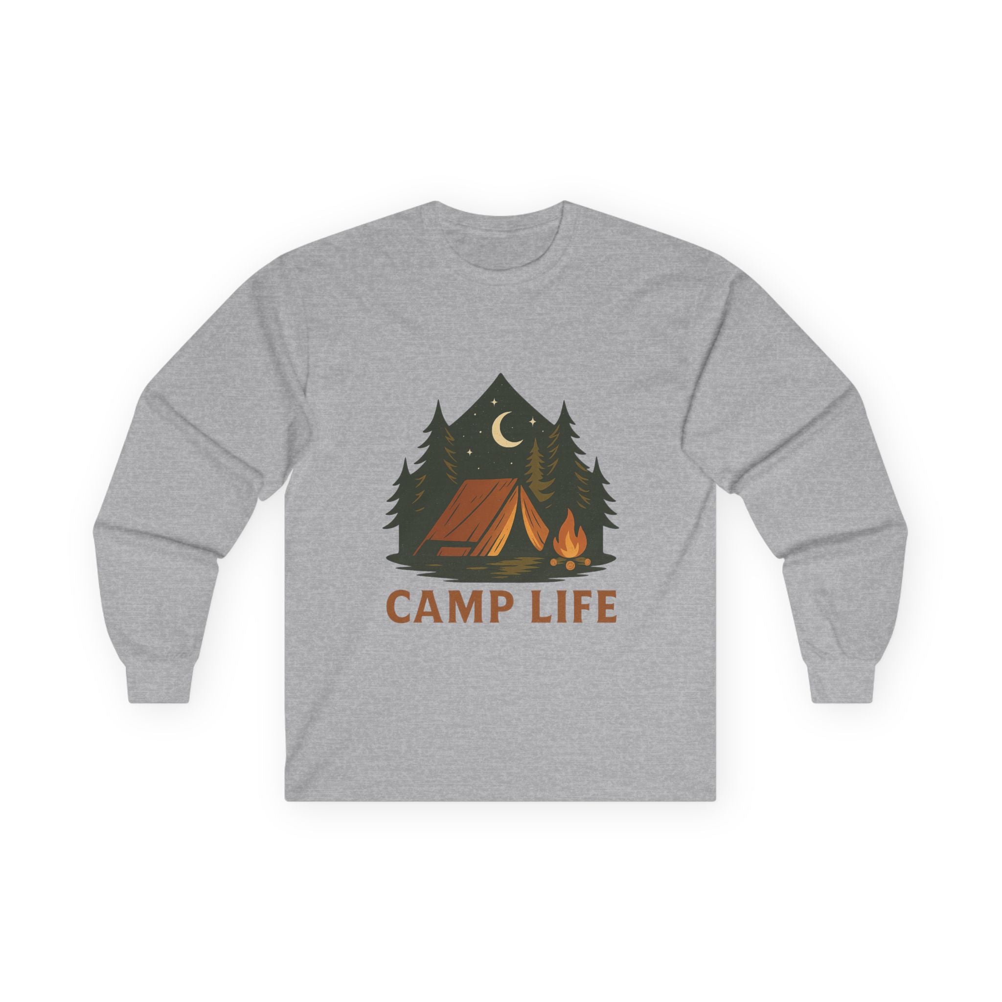 Camp Life Long Sleeve Tee — Retro Tent & Pine Trees Camping Shirt