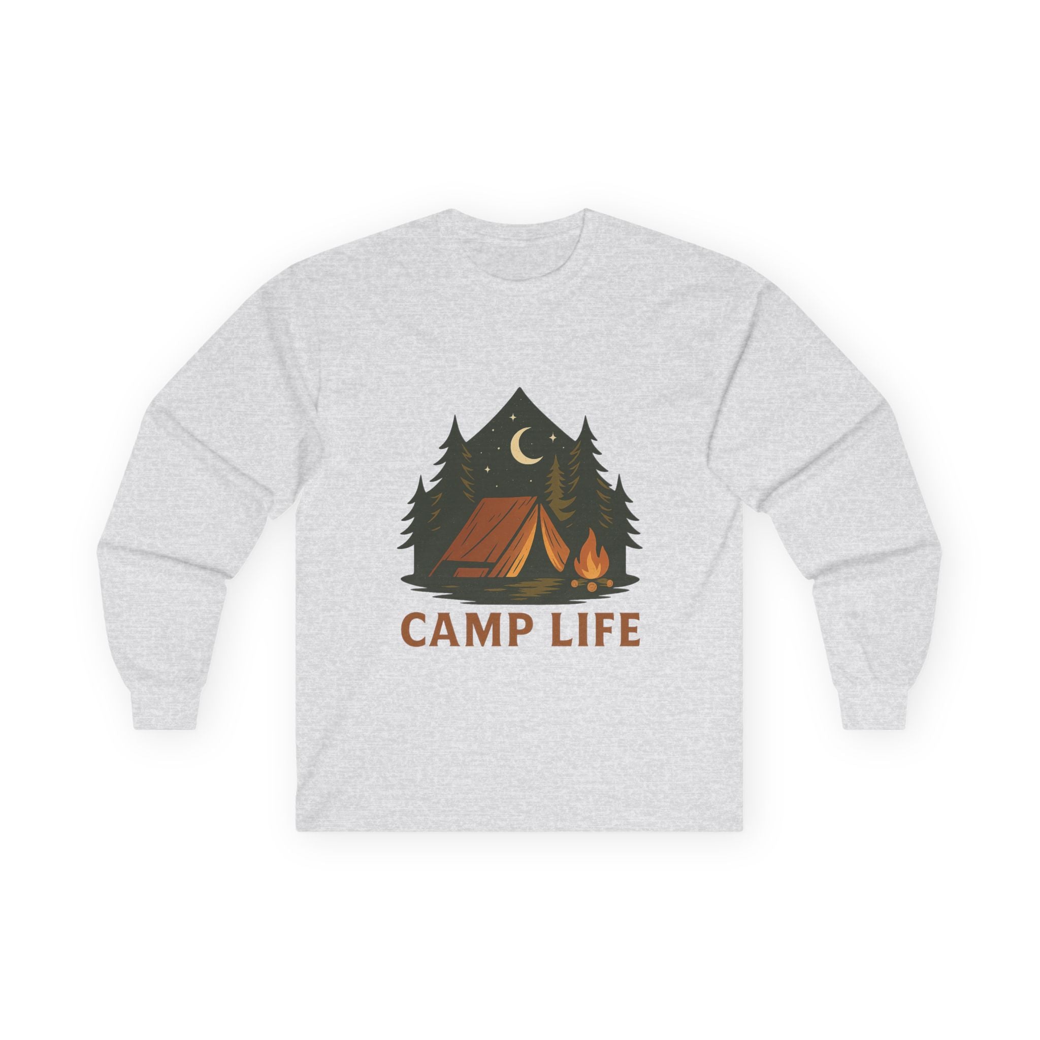 Camp Life Long Sleeve Tee — Retro Tent & Pine Trees Camping Shirt