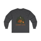 Camp Life Long Sleeve Tee — Retro Tent & Pine Trees Camping Shirt