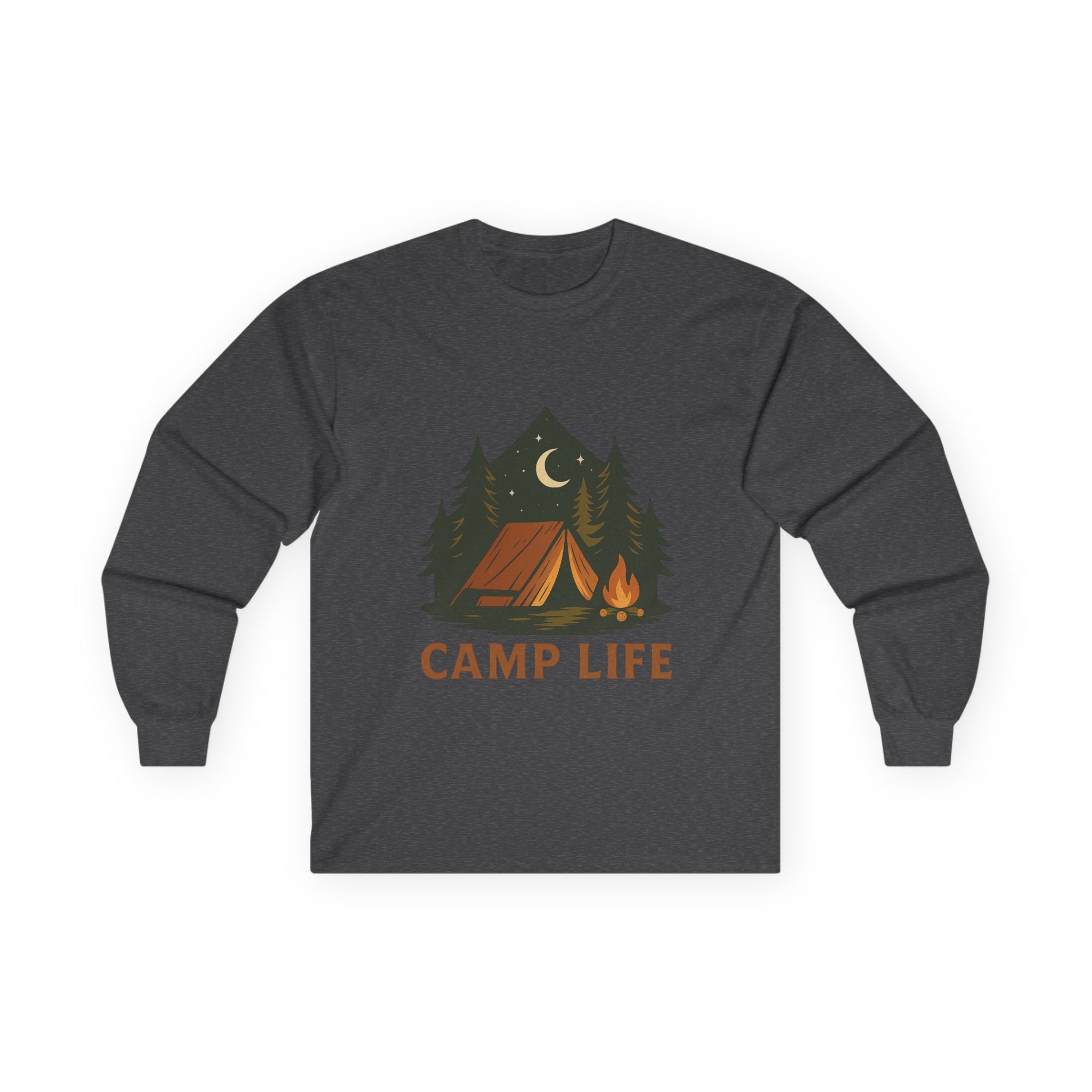 Camp Life Long Sleeve Tee — Retro Tent & Pine Trees Camping Shirt