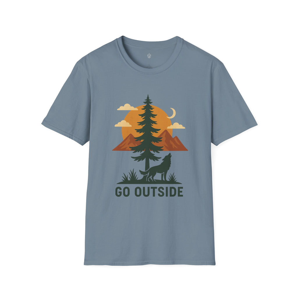 Go Outside T-Shirt — Outdoor Adventure Graphic Tee (Wolf, Mountains, Camping)