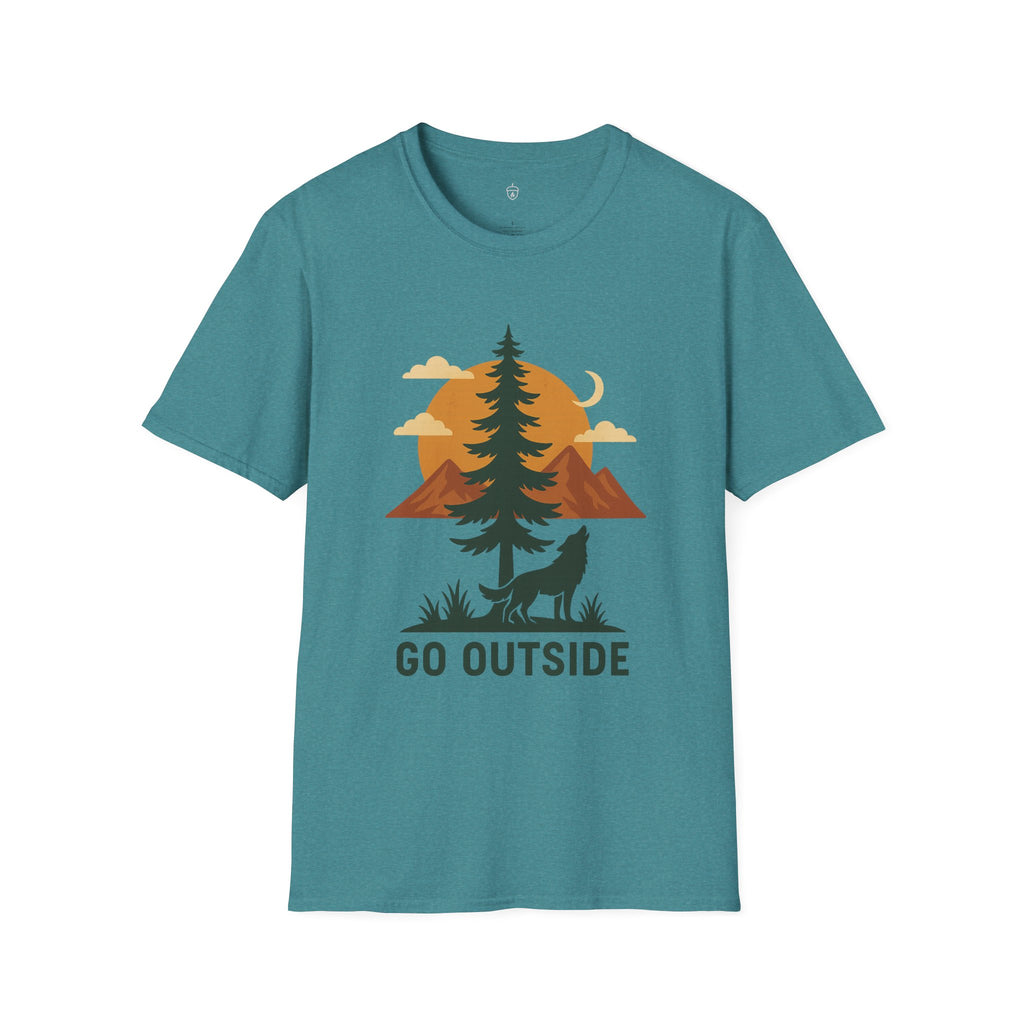 Go Outside T-Shirt — Outdoor Adventure Graphic Tee (Wolf, Mountains, Camping)