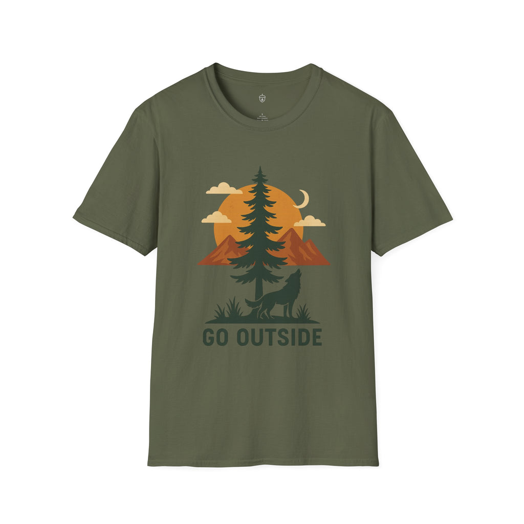 Go Outside T-Shirt — Outdoor Adventure Graphic Tee (Wolf, Mountains, Camping)