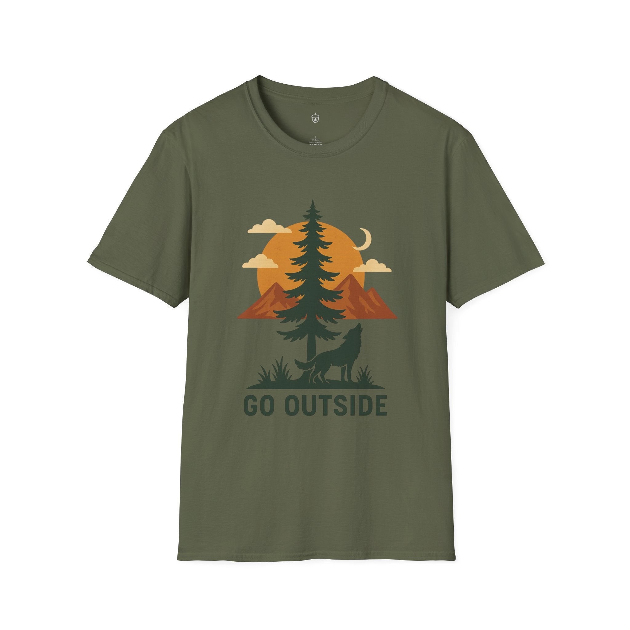 Go Outside T-Shirt — Outdoor Adventure Graphic Tee (Wolf, Mountains, Camping)